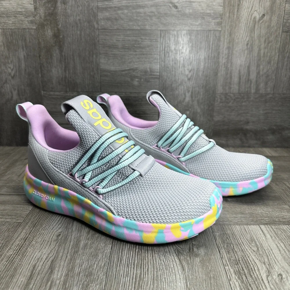 Adidas Lite Racer Adapt 7 Kids 3 Grey Pink Yellow Slip On Running NEW IH7849